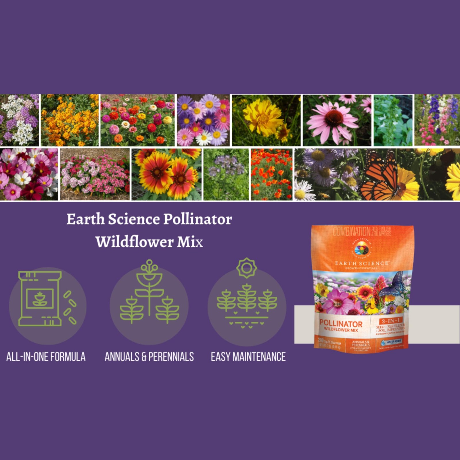 Earth Science Wildflower Pollinator Mix— 6 lb—3-in-1 Mix with Premium Wildflower