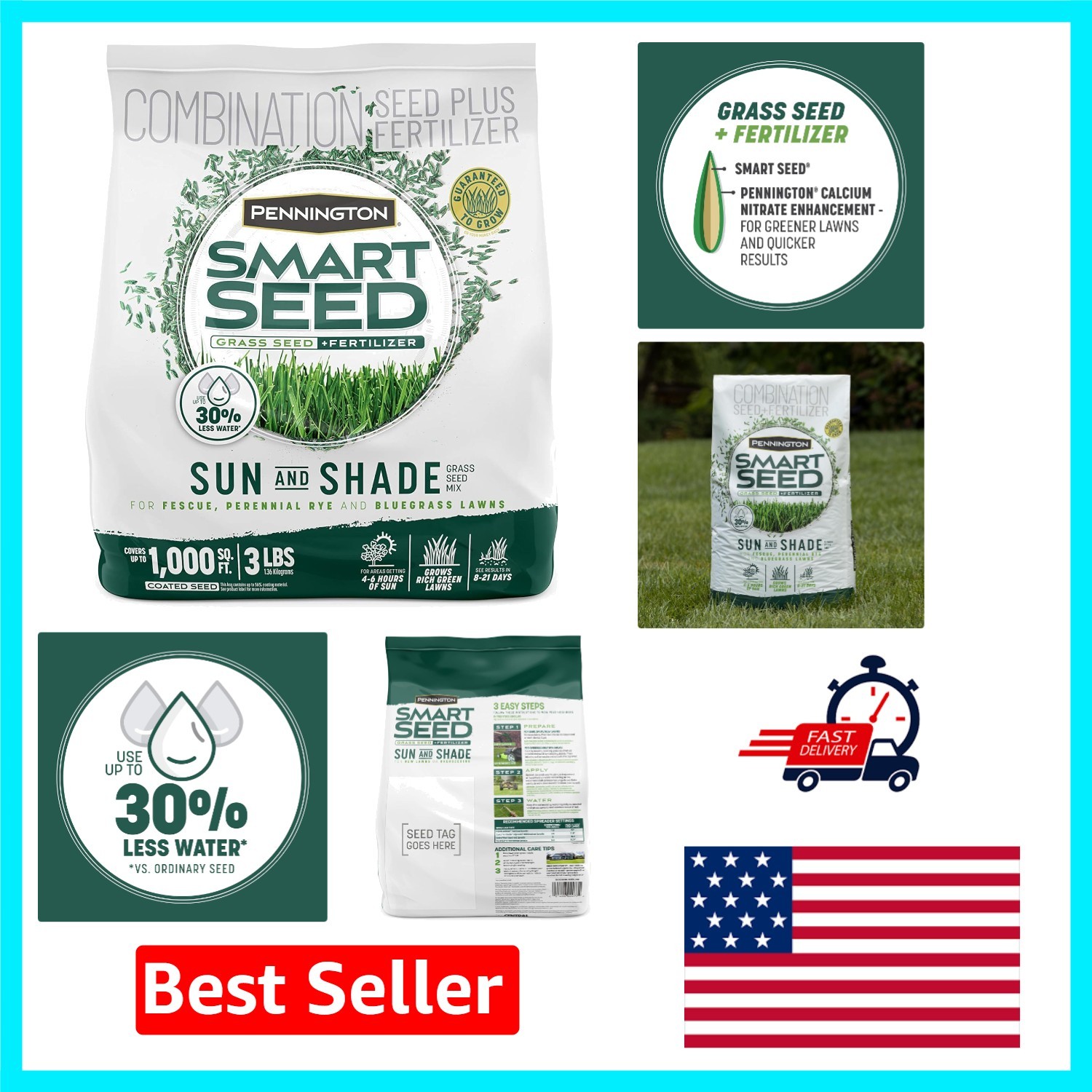 Pennington Smart Seed Sun & Shade – 3 lb – Thrives in Sun and Moderate Shade