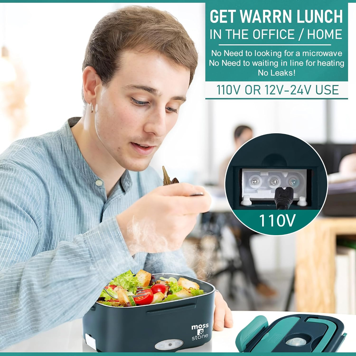 Moss & Stone Electric Lunch Box Food Heater for Adults Green & Gray Food Warmer