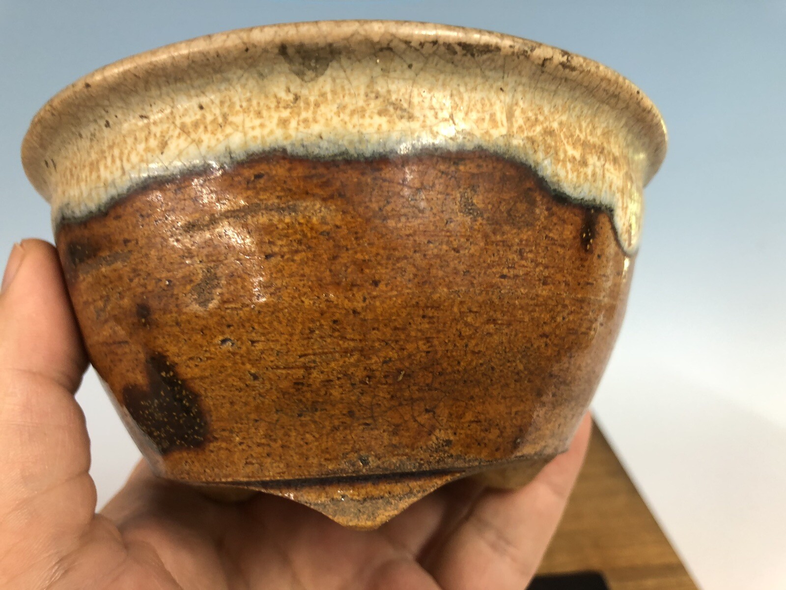 Brown White Round Glazed Shohin Size Bonsai Tree Pot Fugushige Bushuan 5 1/16”