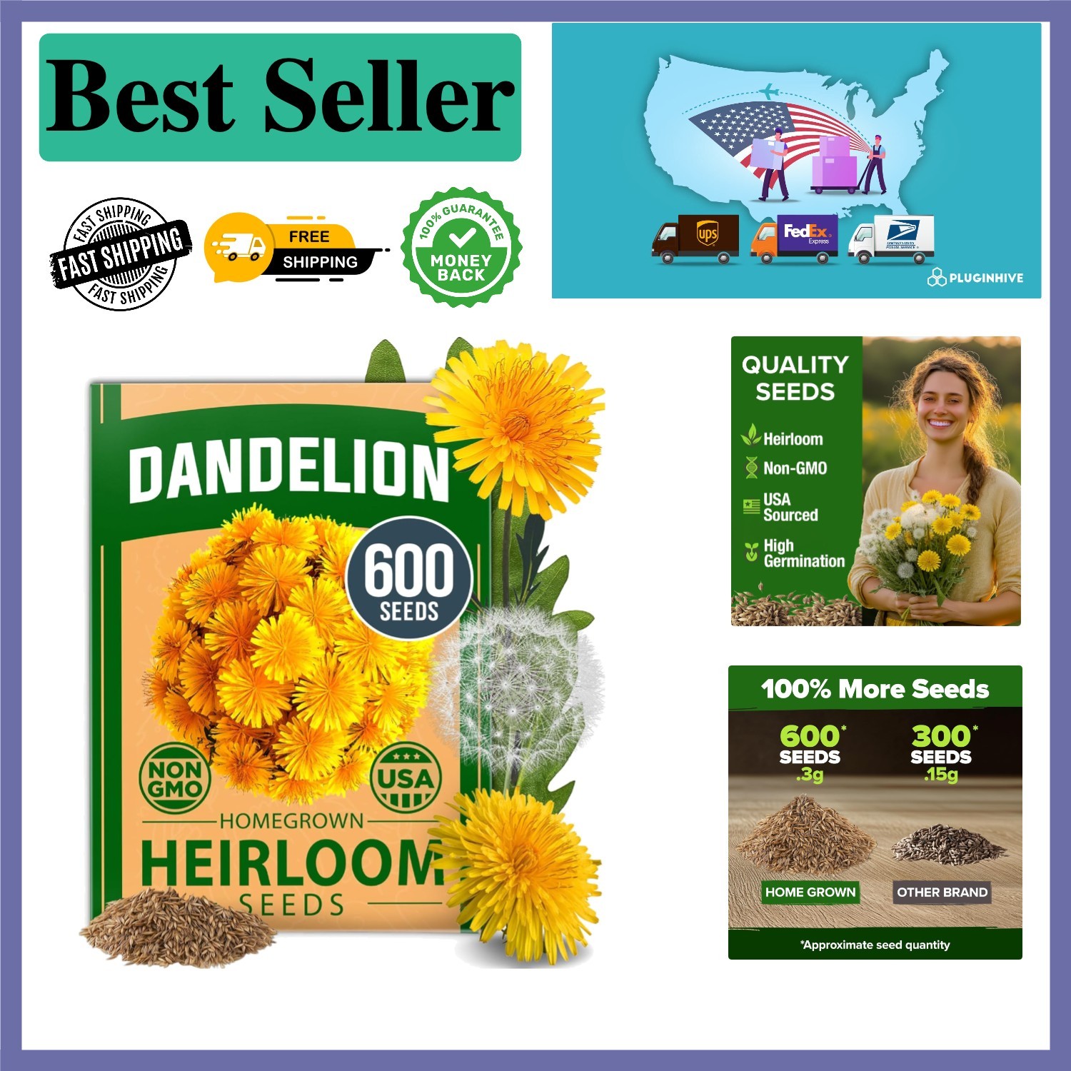 Heirloom Dandelion Seeds (600 Non-GMO) – Thrives in Zones 2-11, Includes Guide