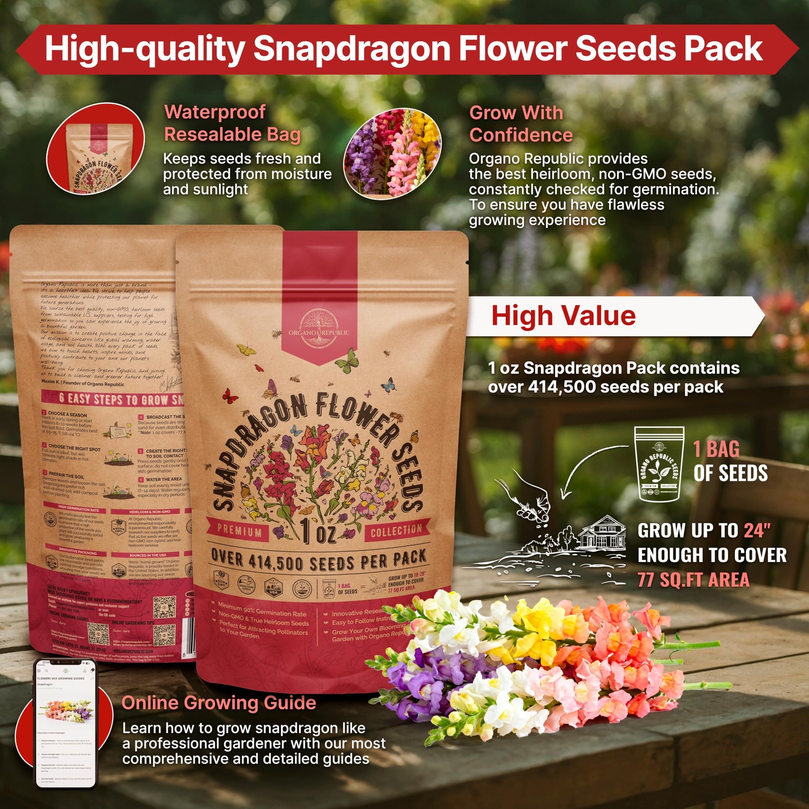 Snapdragon Flower Seeds Pack 1 oz – 1oz, Pink, Orange, Yellow, Red, Green