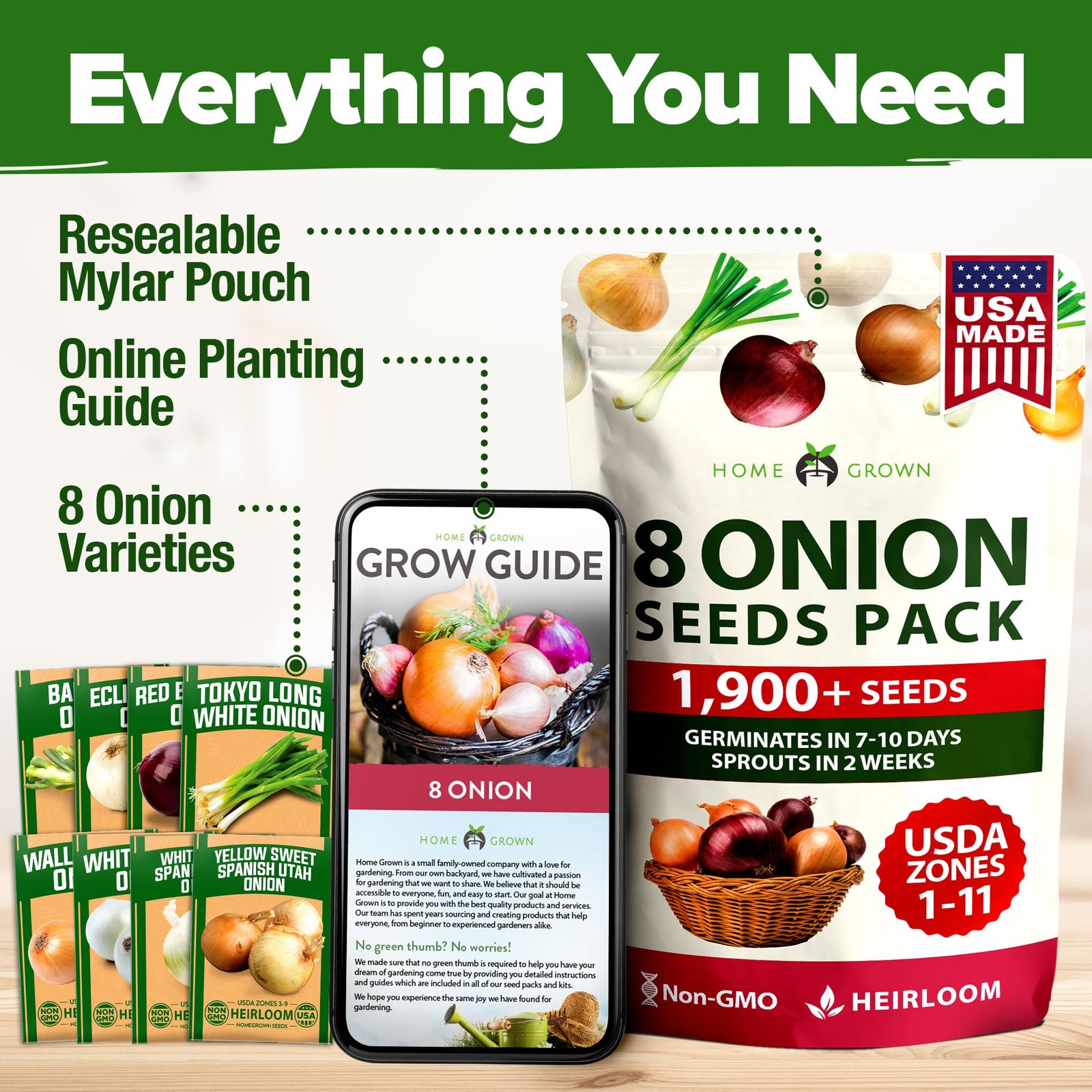 HOME GROWN 8 Onion Variety Mix 1600+ Heirloom 1-Pack, Red,White,Yellow