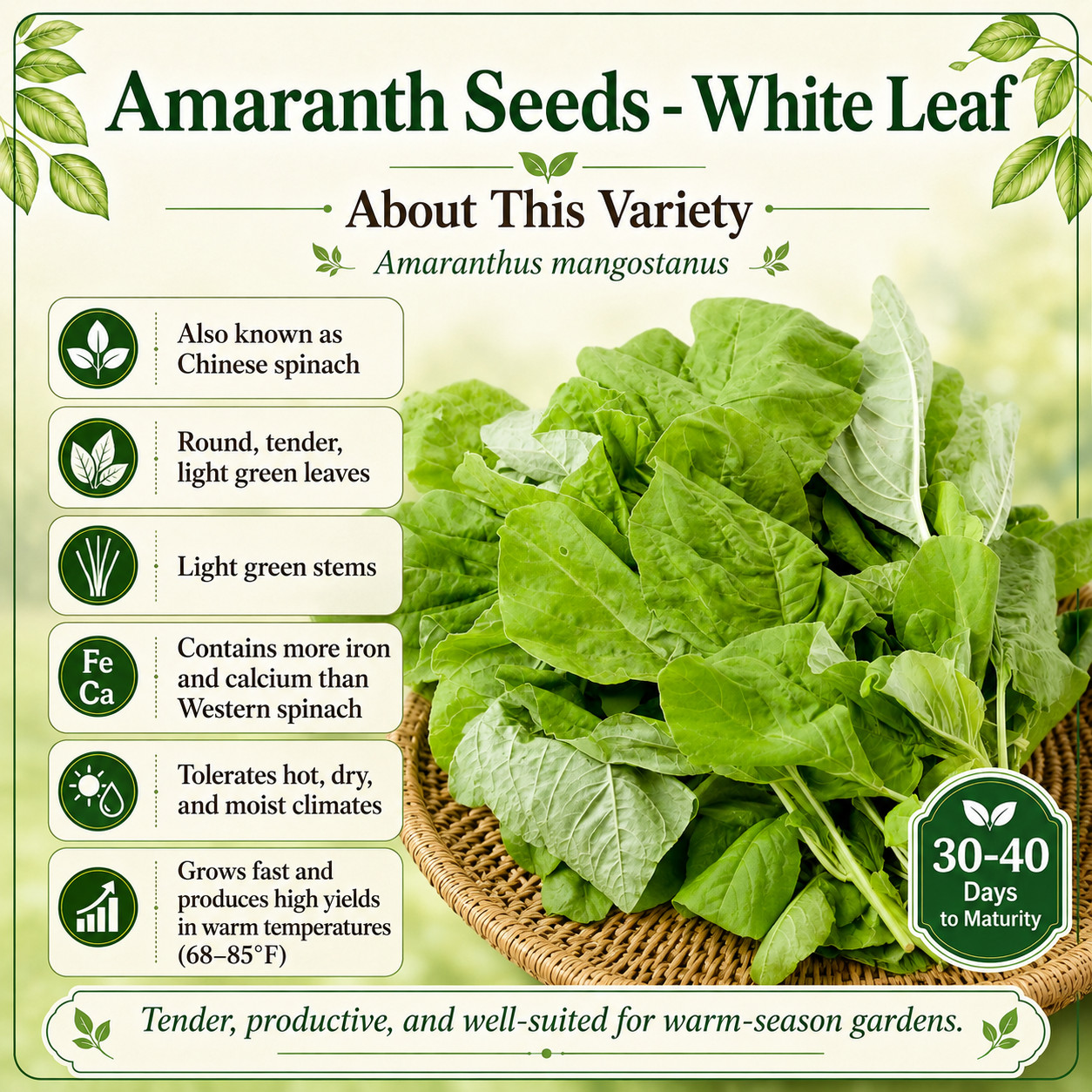 Green Amaranth – White Leaf seeds, Open pollinated, Heirloom, Non-GMO