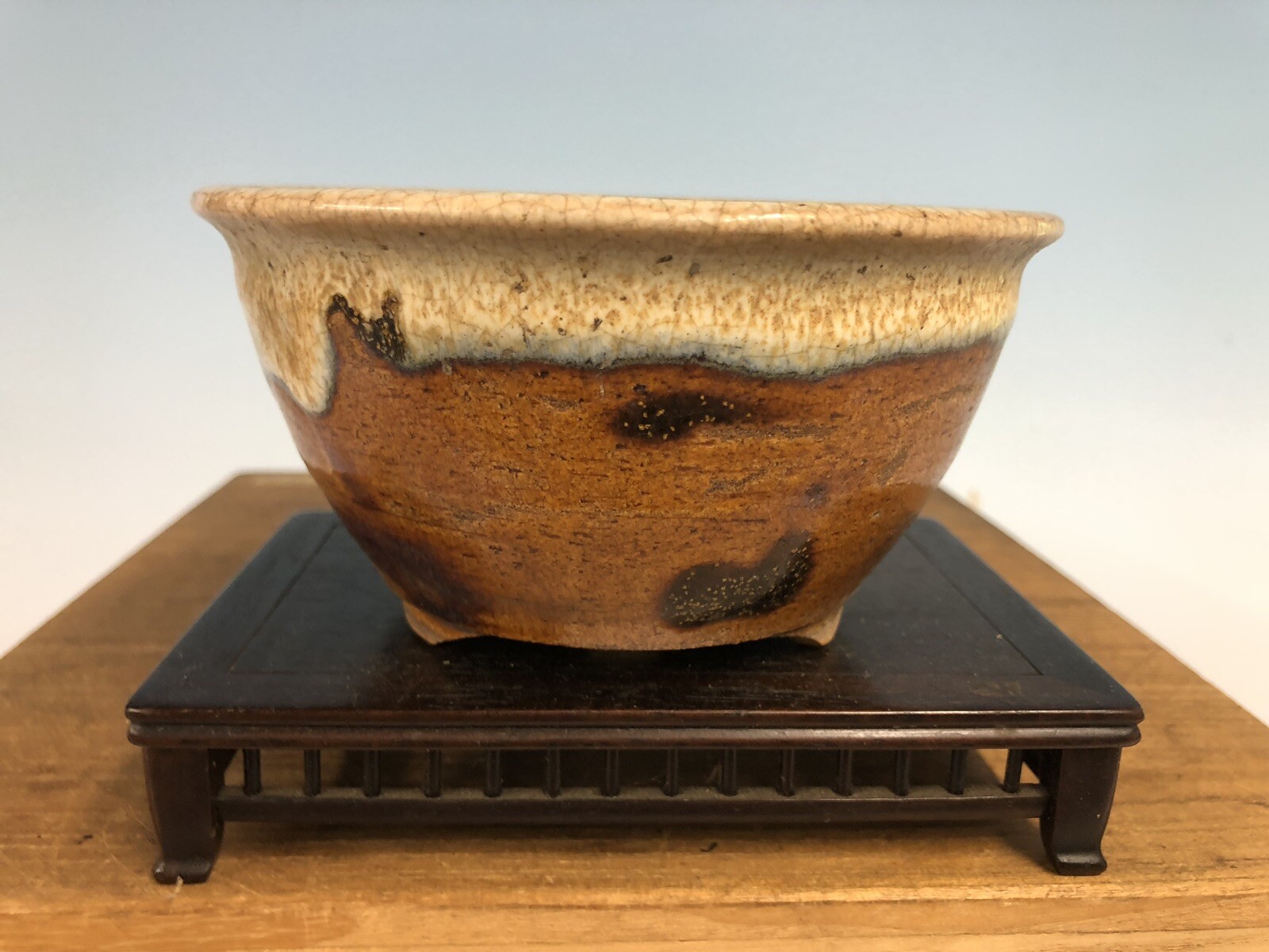Brown White Round Glazed Shohin Size Bonsai Tree Pot Fugushige Bushuan 5 1/16”
