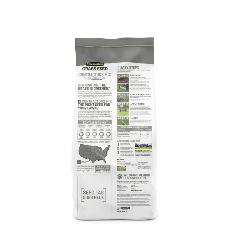 Pennington Contractors Central Grass Seed Mix, for Sun to Partial Shade, 7 Lb.