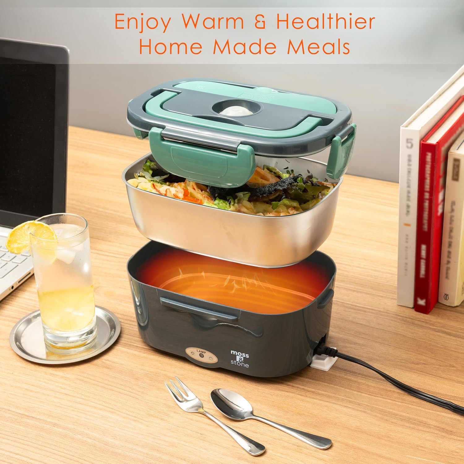 Moss & Stone Electric Lunch Box Food Heater for Adults Green & Gray Food Warmer