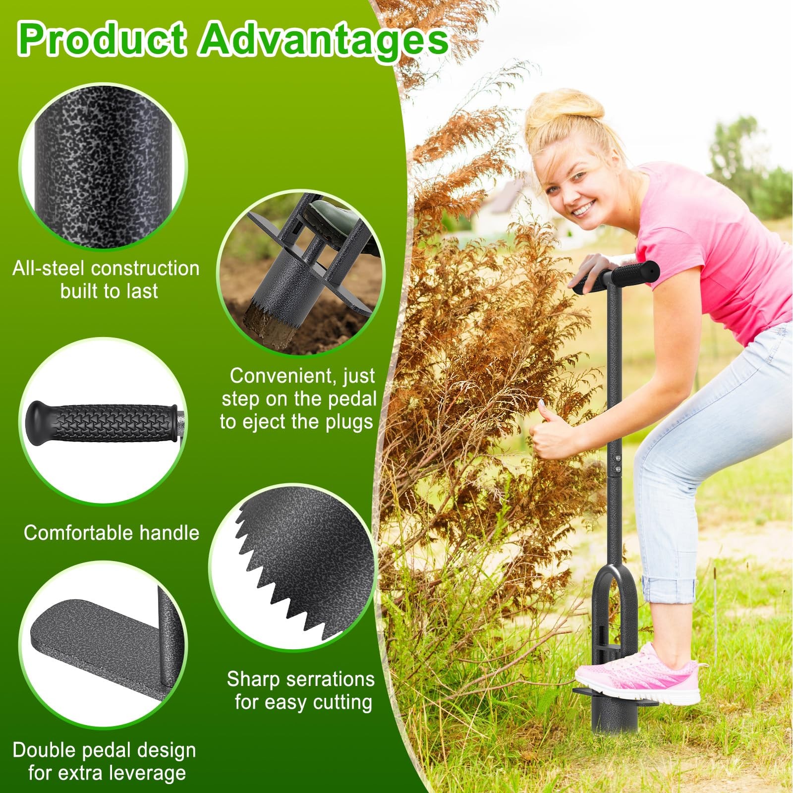 Dolibest Sod Plugger Tool, Grass Plugger Tool with Dual Pedals & Foot Ejector, B