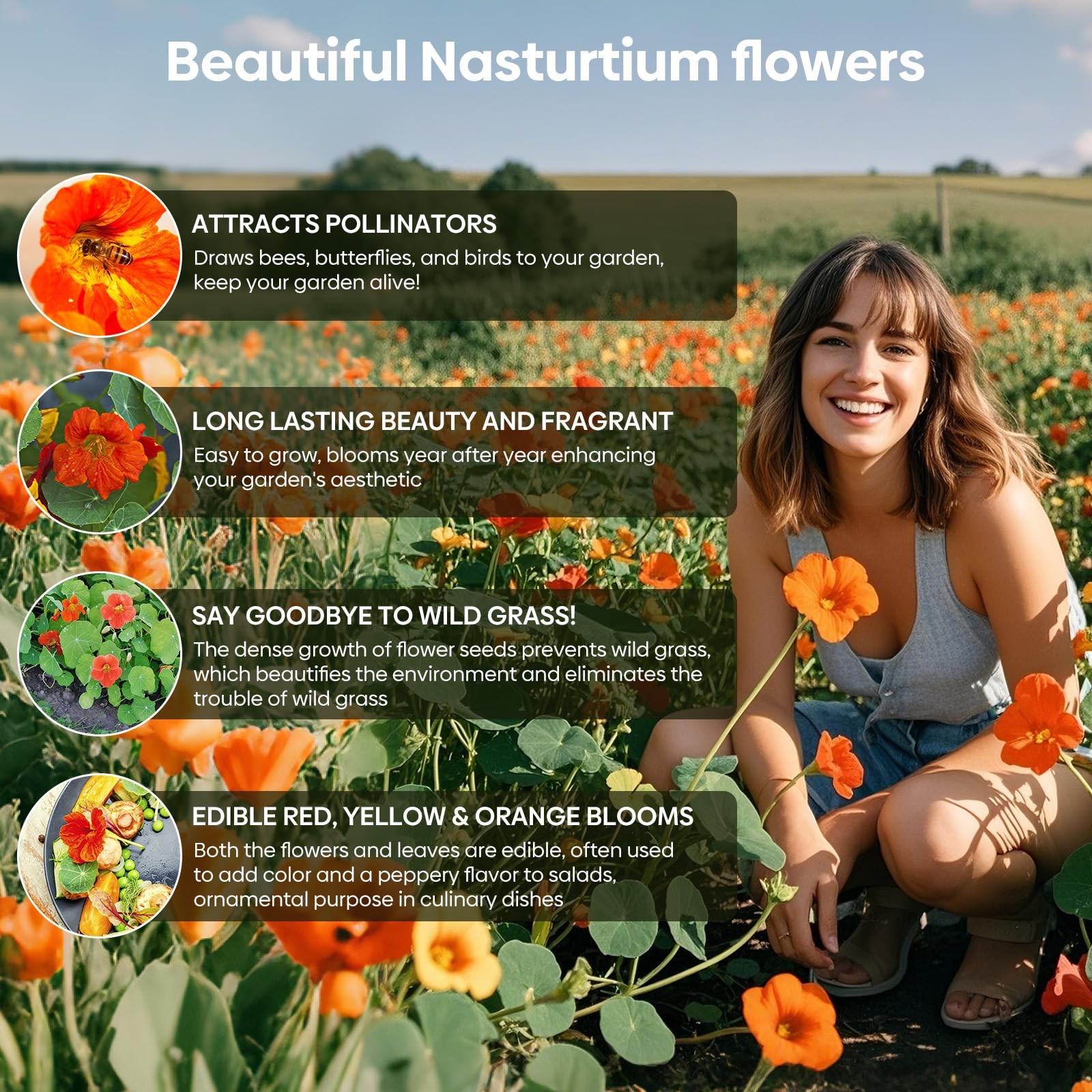 200 PCS Nasturtium Seeds 1 Ounce Large Packet Climbing Flower Orange Red Yellow