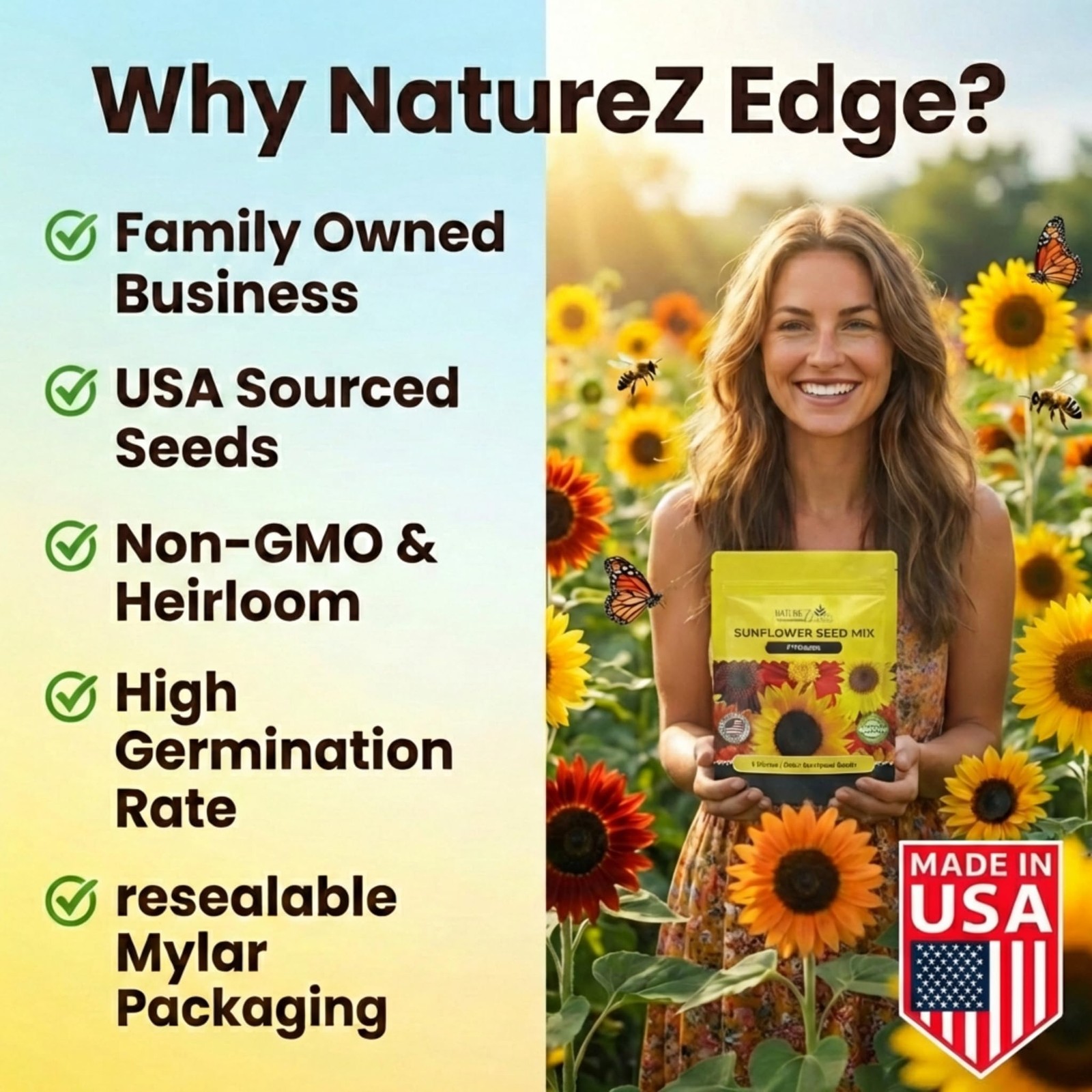 NatureZ Edge 1300+ Sunflower Seeds Garden Variety 2 oz- 1300 Seeds, Yellow