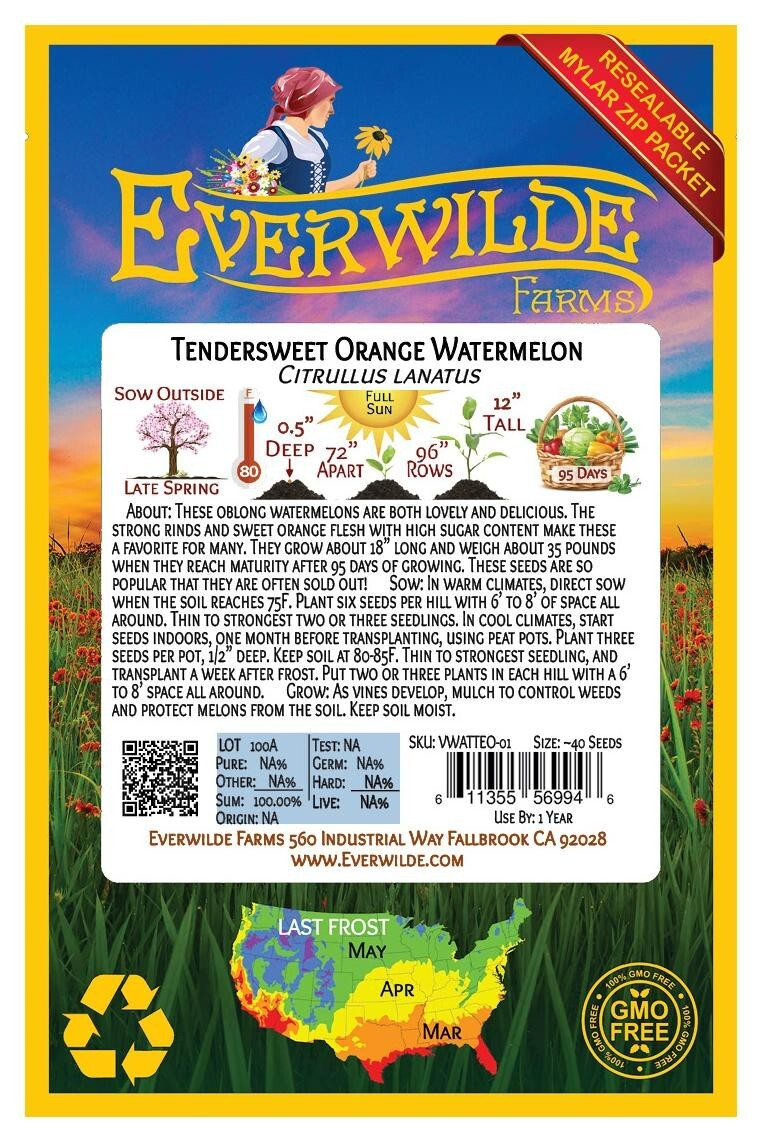 40 Tendersweet Orange Watermelon Seeds – Everwilde Farms Mylar Seed Packet