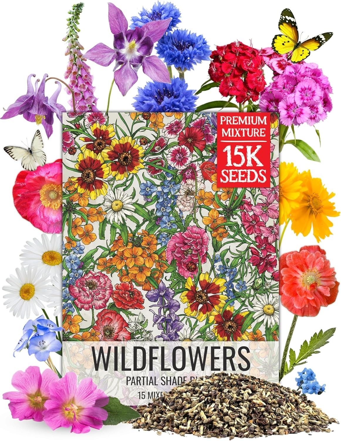 Wildflower Seed Mix – 1 Ounce of 14+ Varieties for Partial Shade Gardens