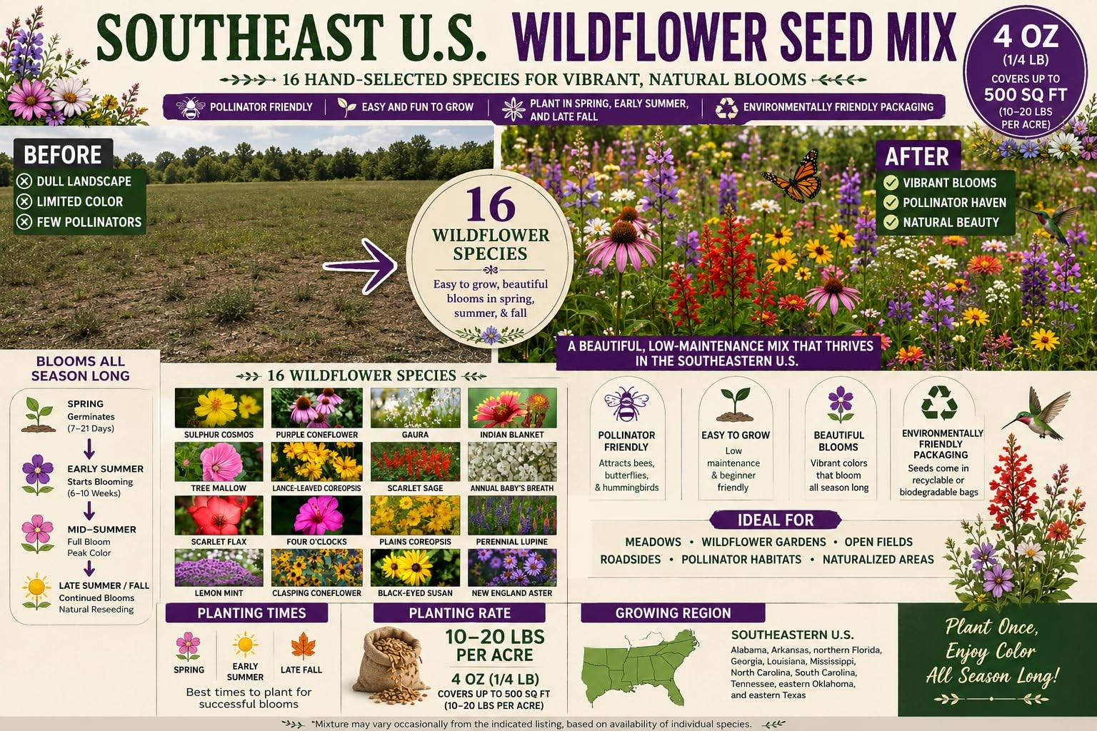 Arkansas Bulk Perennial and Annual Non-GMO Wildflower Seed Mix 1/4lb Covers 5…