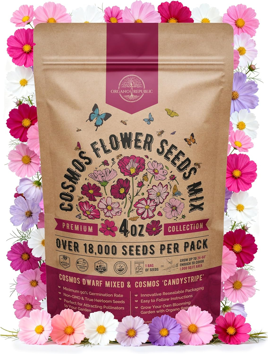 Cosmos Flower Seeds Pack 1 Oz – 4,500 Non-Gmo Heirloom Annual Seeds for Planting
