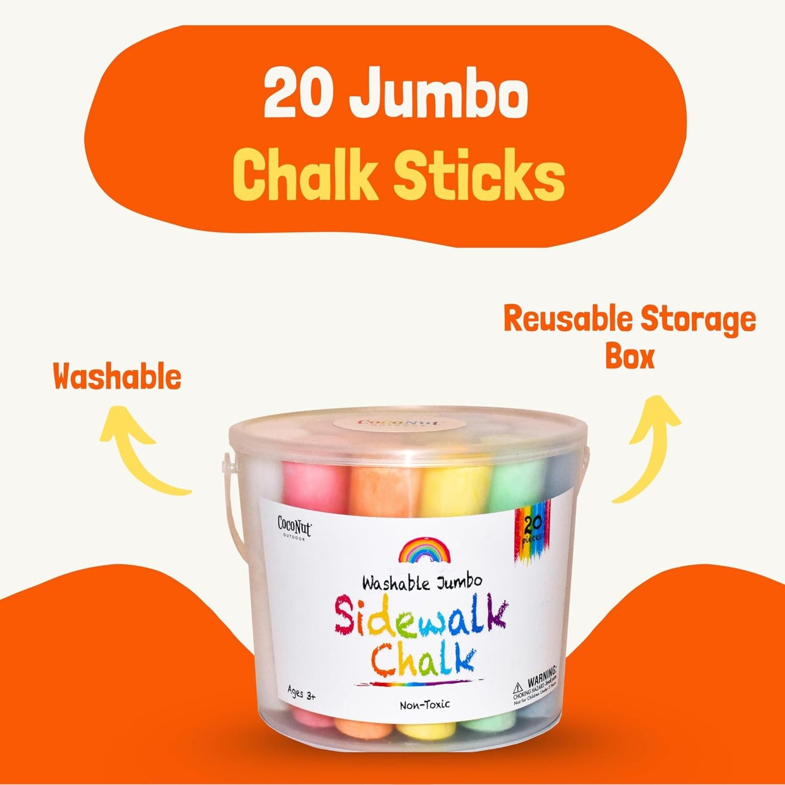 CocoNut Outdoor: Jumbo Sidewalk Chalk Bucket – 20pc, 4″ Chunky Sticks