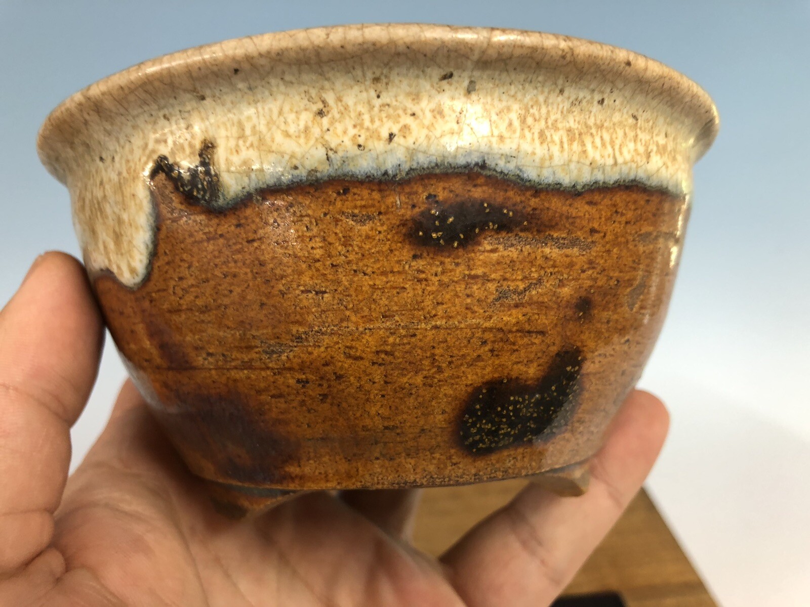 Brown White Round Glazed Shohin Size Bonsai Tree Pot Fugushige Bushuan 5 1/16”