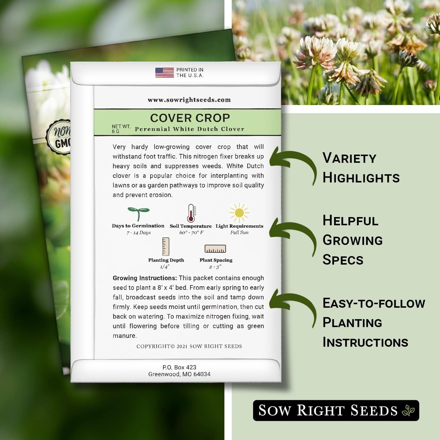 Non-GMO White Dutch Clover Seeds – 1500 Count for Sustainable Gardens