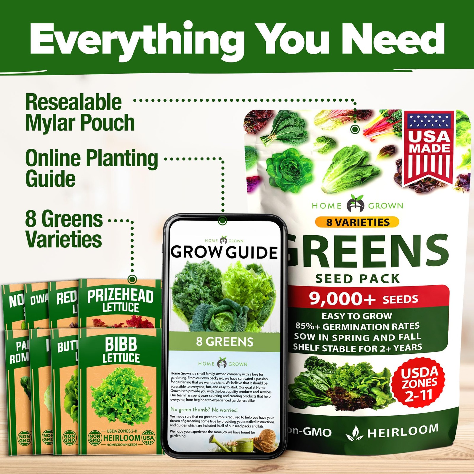 HOME GROWN Lettuce Seeds 8 Variety Mix 9000+ Bulk Pack Heirloom 8-Pack, Green